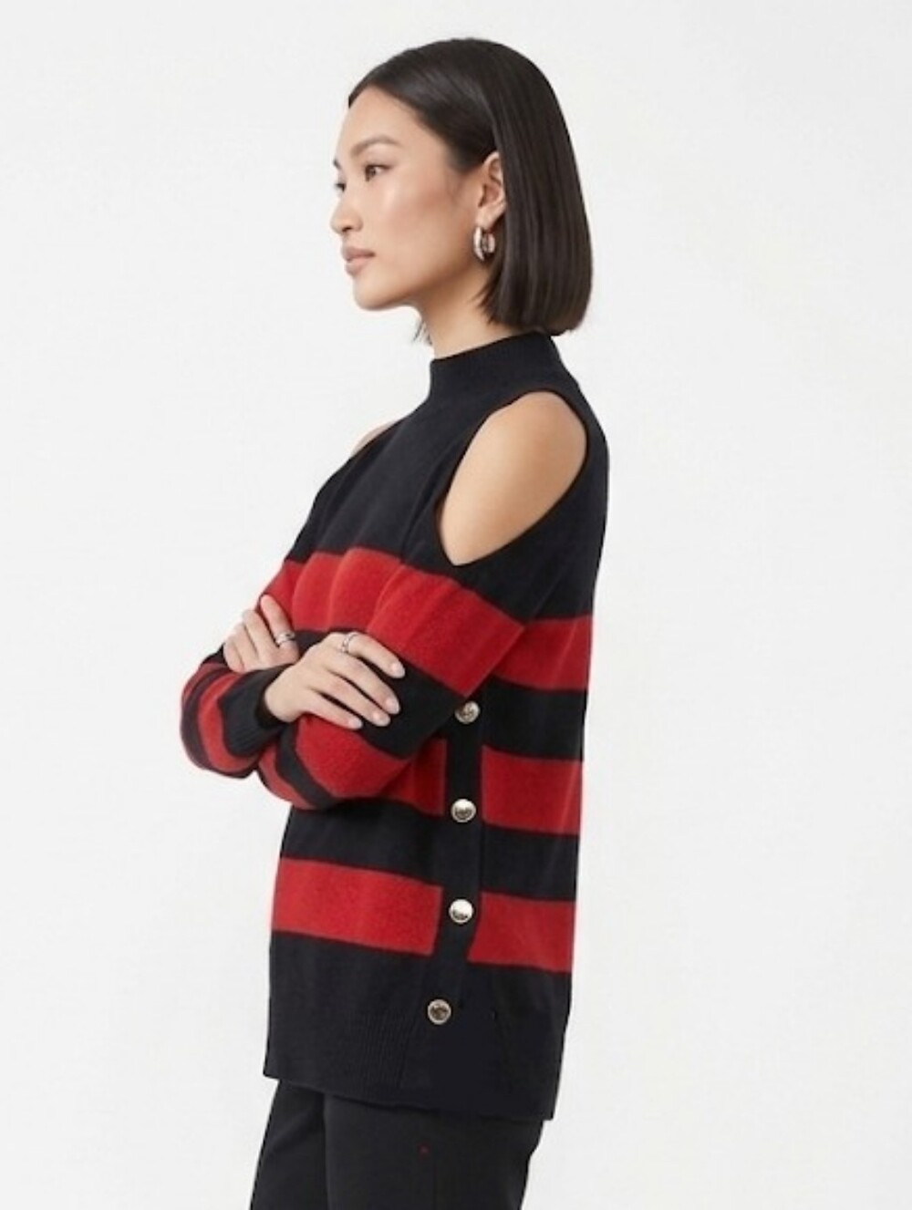 Chico's Black and Red Striped Cold-Shoulder Sweater Medium